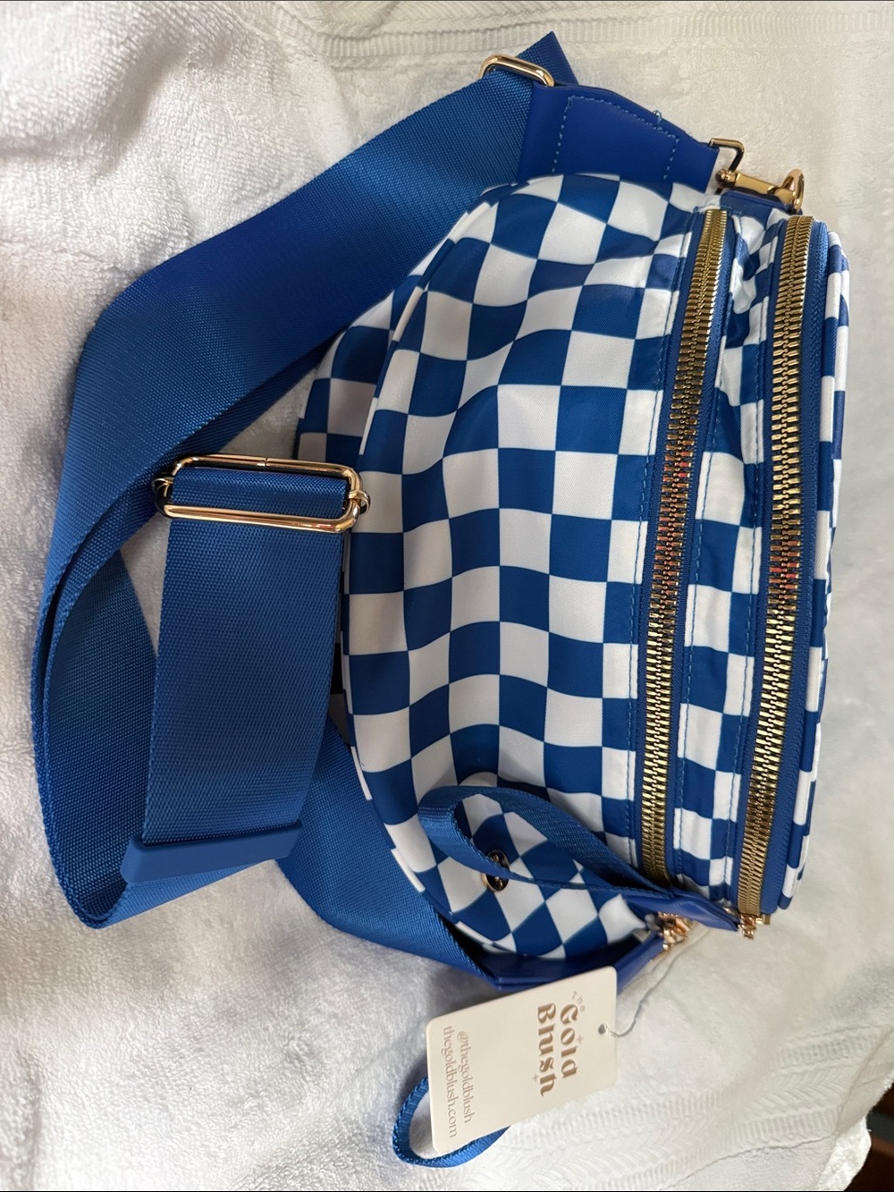 Gold Blush Blue and White Checker Crossbody Bag with Gold Hardware